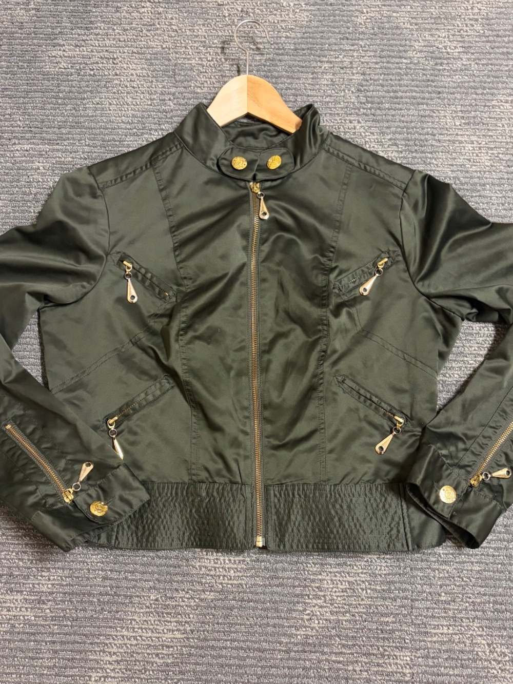 VTG Baby Phat 90s Y2K Cropped Olive Green Satin Bomber Jacket XL Rave Streetwear